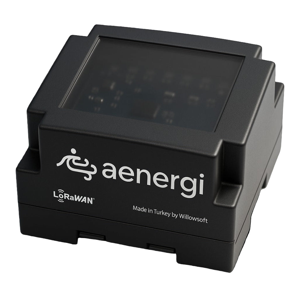 Black device with 'aenergi' and 'LoRaWAN' branding on a light gray background